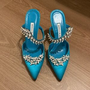 Manolo Blahnik Lurum Turquoise Satin Crystal Heels
